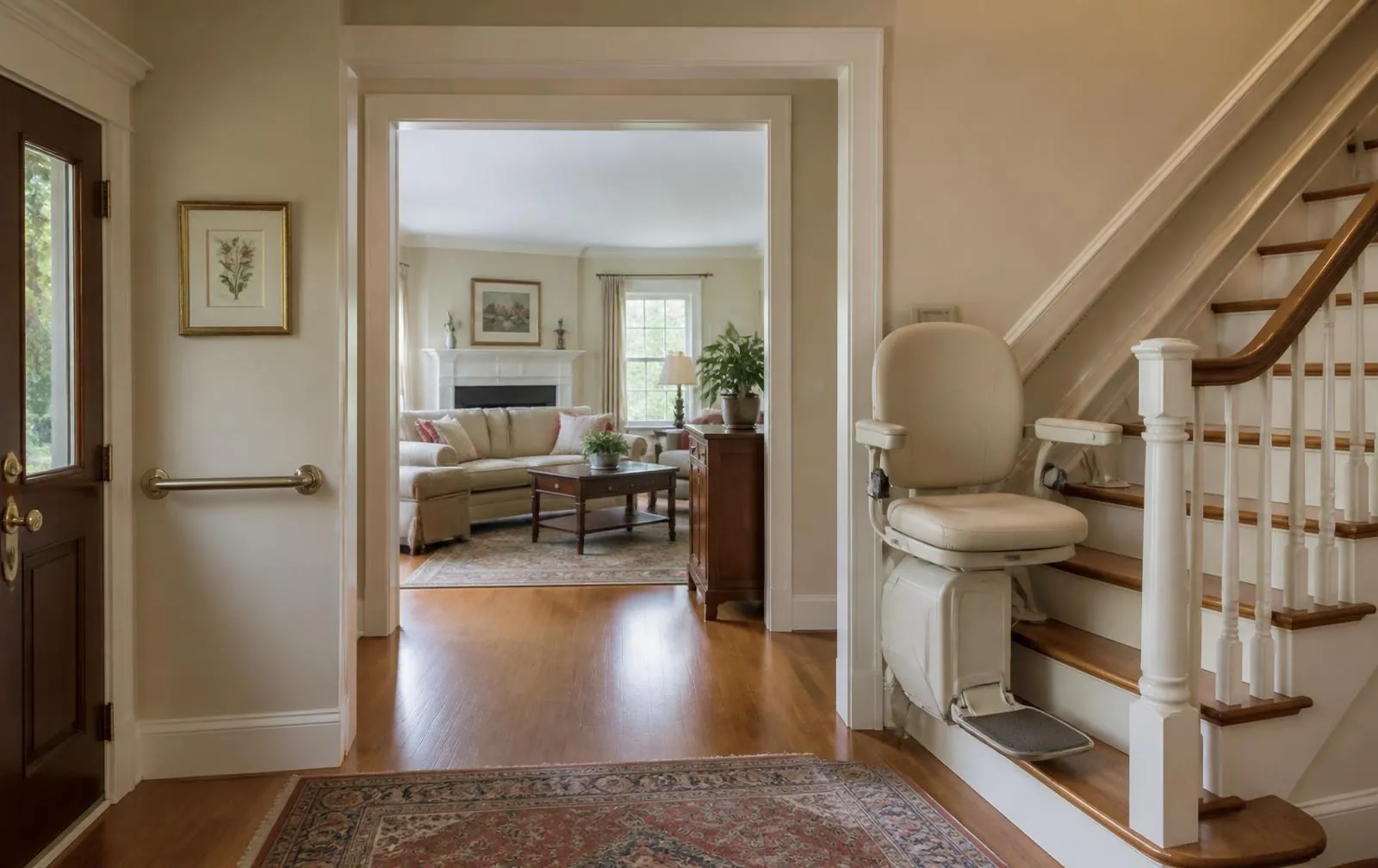 Finished cream stairlift and entry grab rail integrated into a bright Newton home