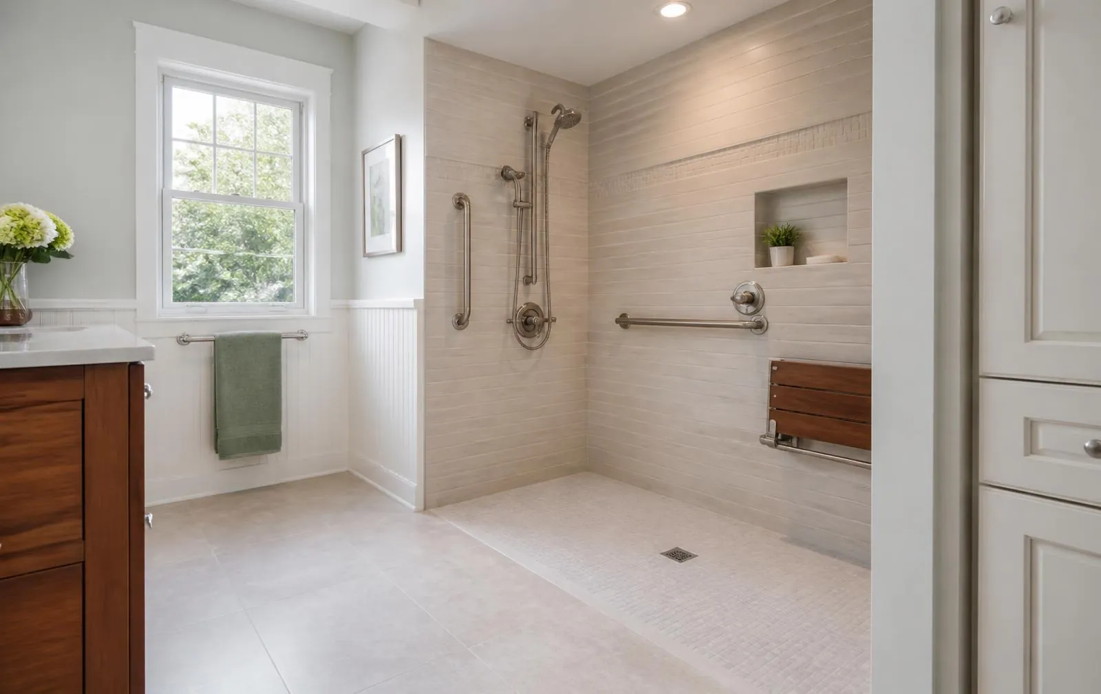 Bright barrier-free bathroom with curbless shower, grab bars, and fold-down seat