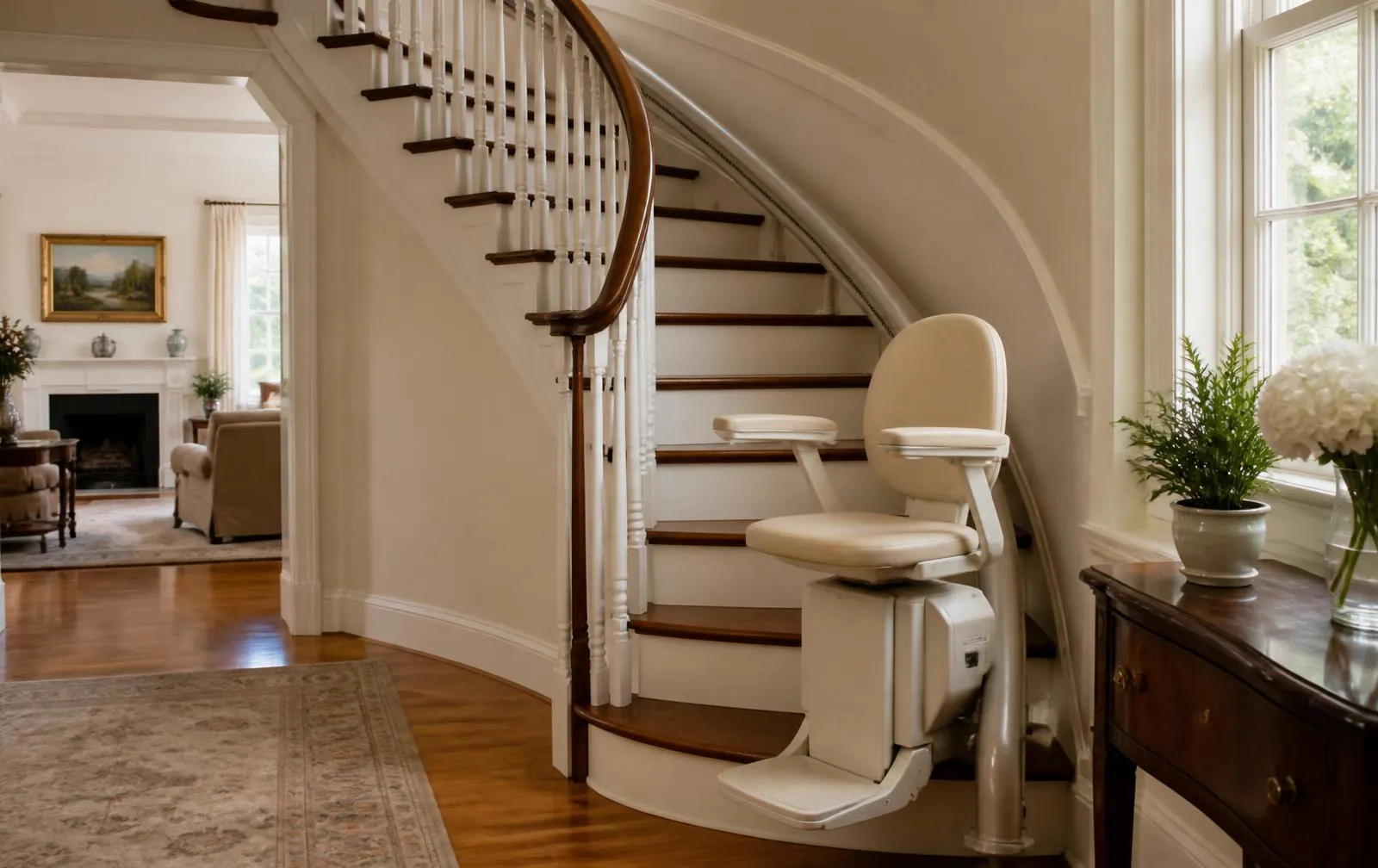 Cream curved stairlift following a hardwood staircase in a bright Greater Boston home