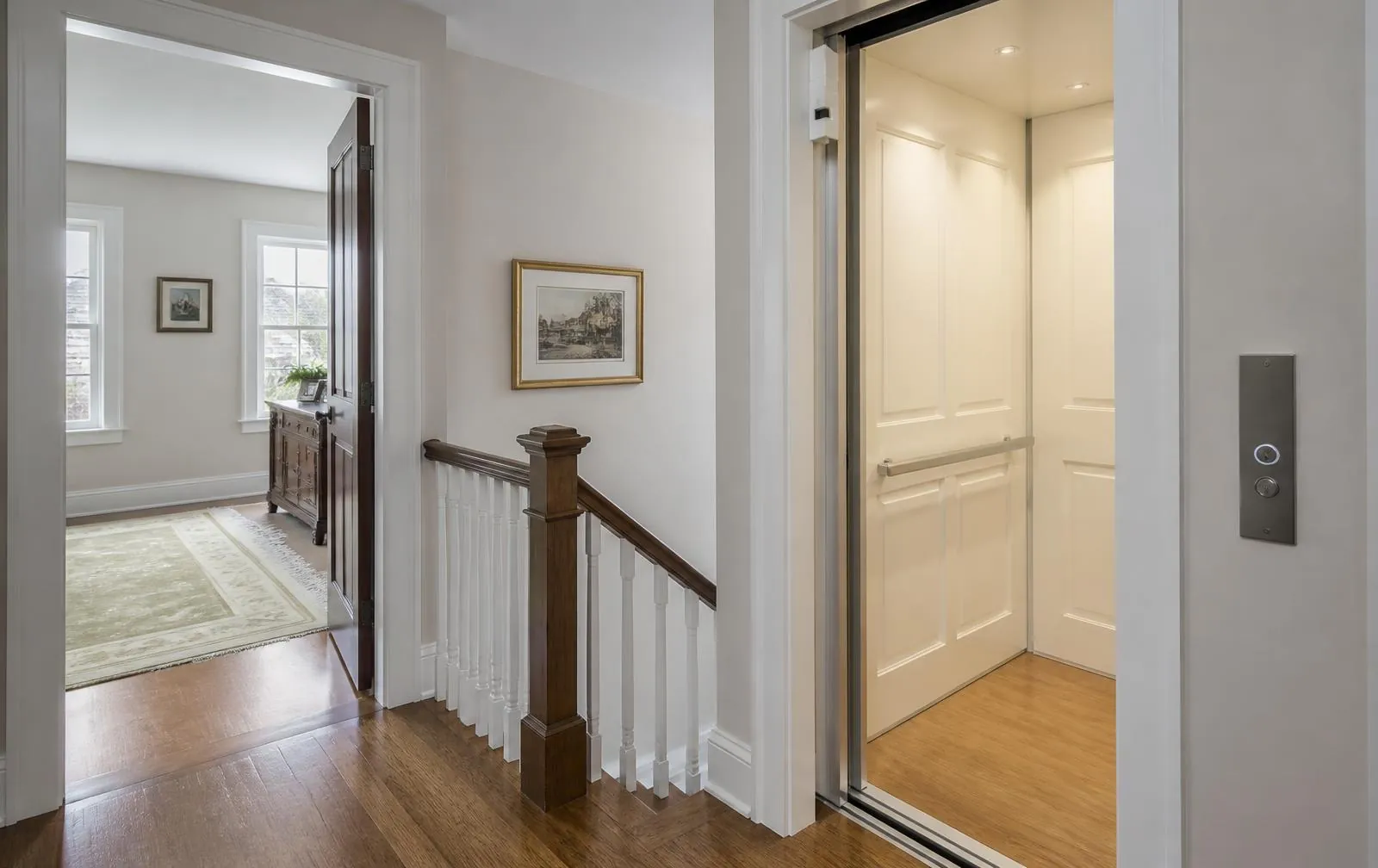 Compact home elevator with level landing in a renovated Newtonville home