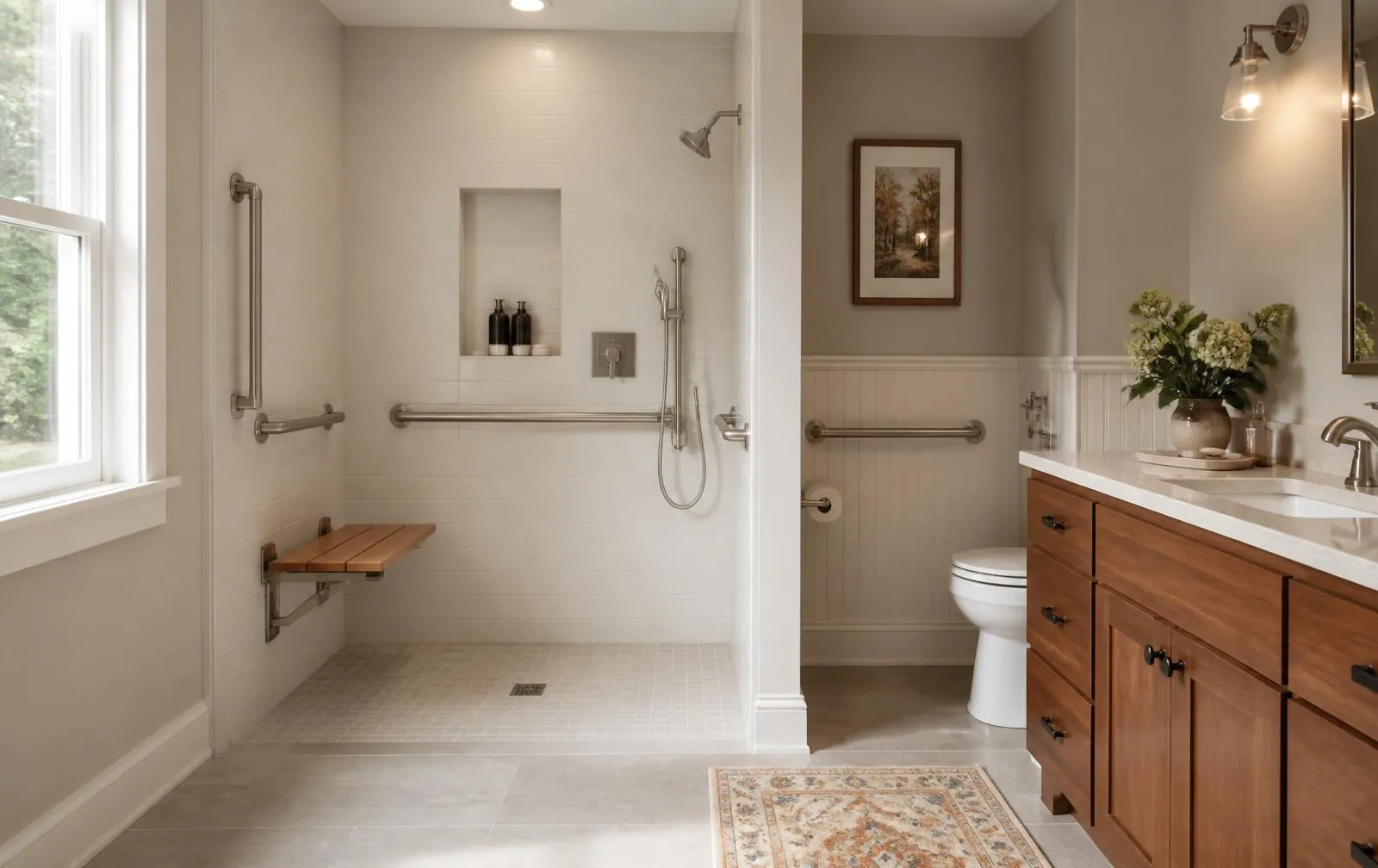Accessible West Newton bathroom with curbless shower, grab bars, and fold-down seat