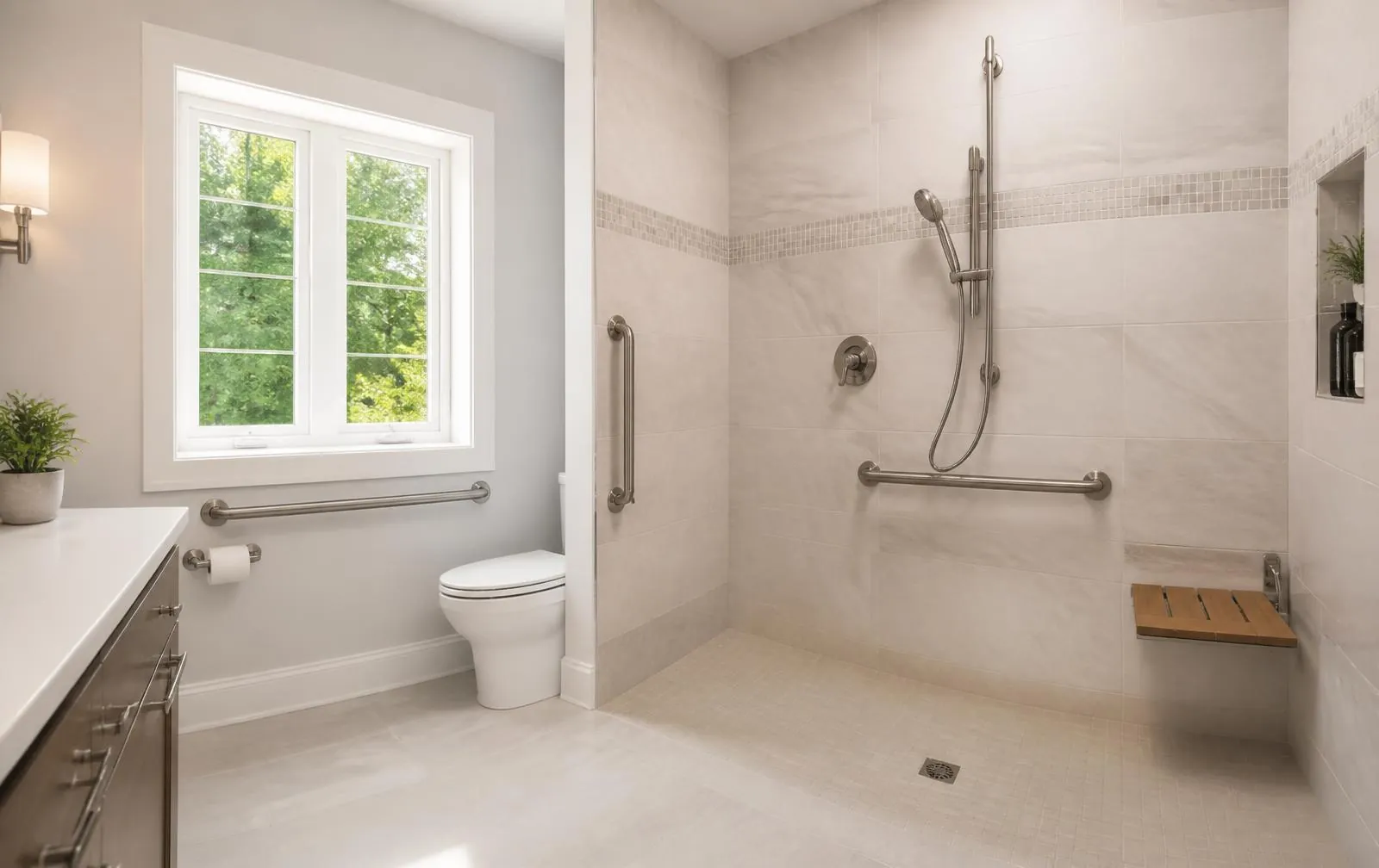 Barrier-free bathroom with a curbless shower, fold-down seat, and stainless steel grab bars