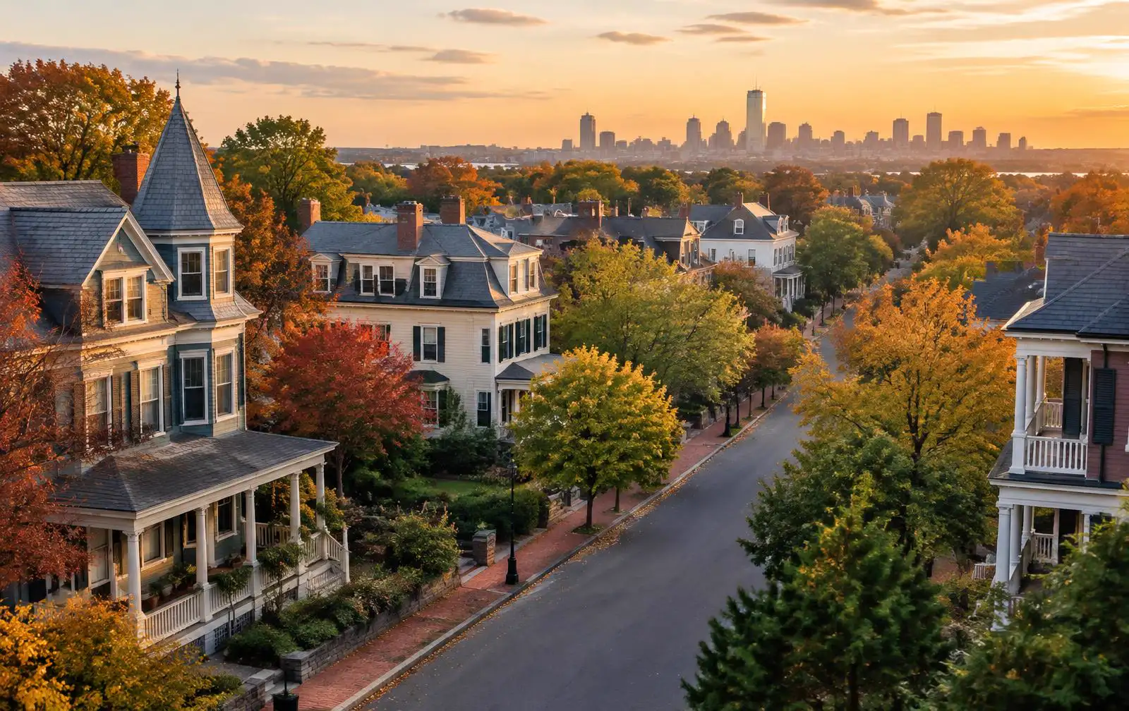 Leafy Greater Boston neighborhood of Victorian and Colonial homes with the city skyline on the horizon