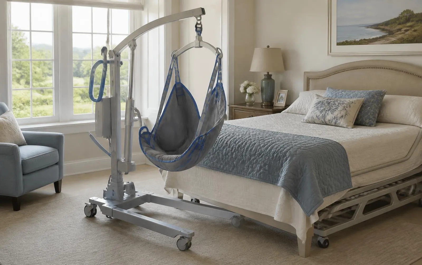Portable powered patient lift with sling positioned beside an adjustable bed