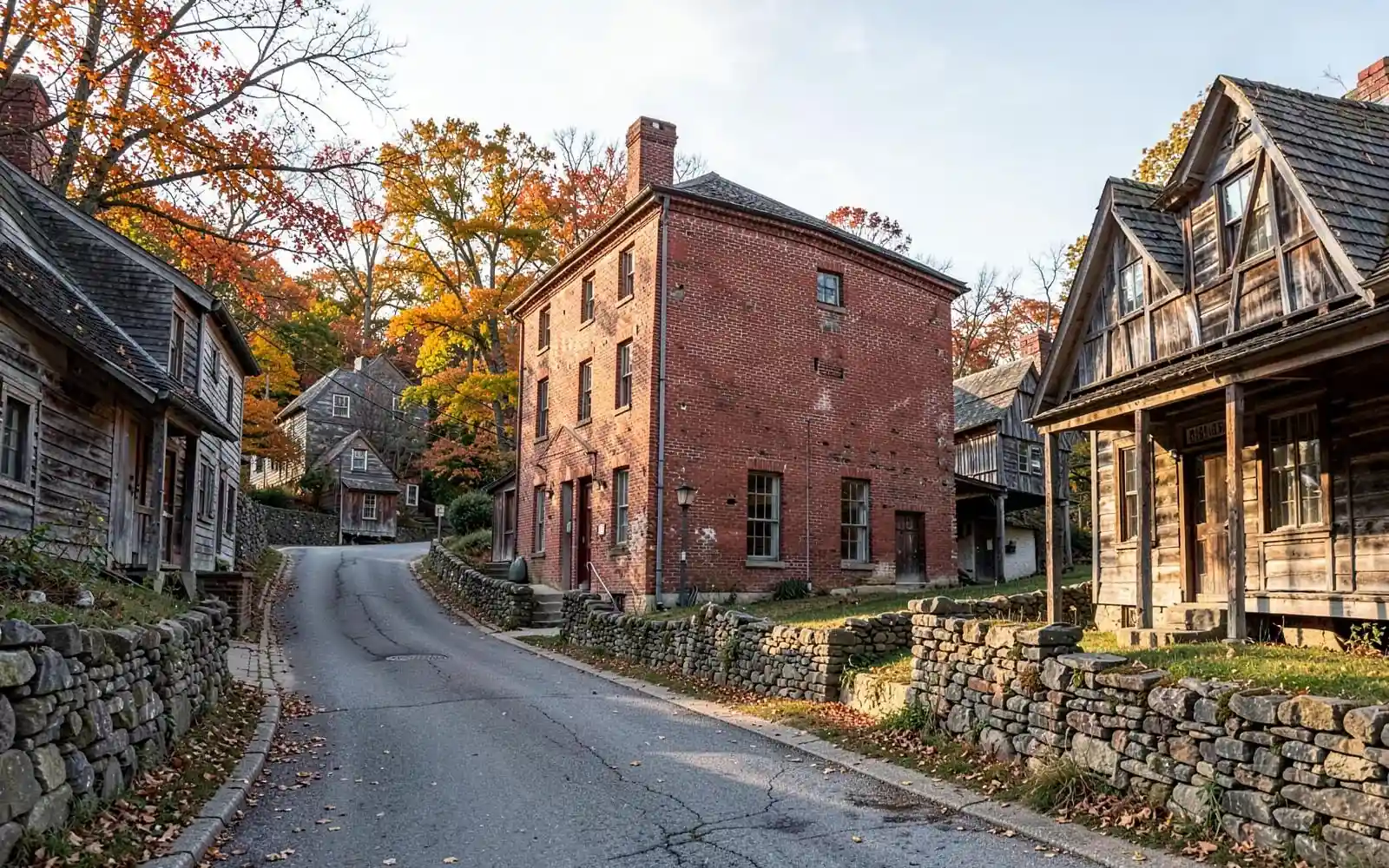 Historic mill building and antique homes on a sloping street in Newton Upper Falls, MA