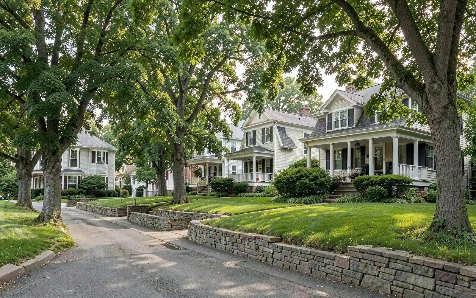 Leafy residential street with large early-1900s homes in Waban, MA