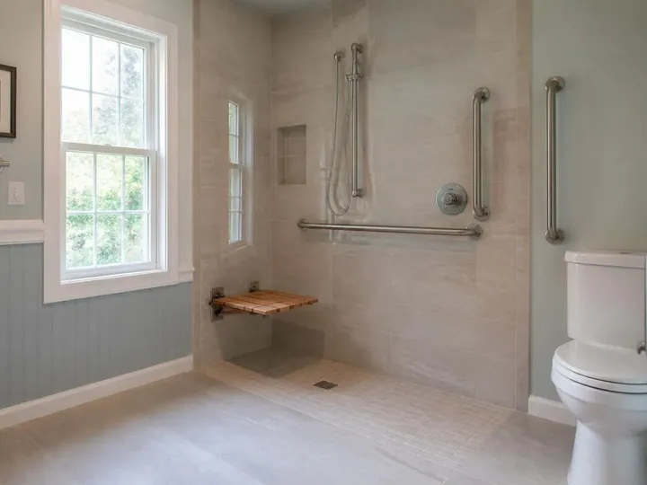 Accessible shower with stainless grab bars, a fold-down wood seat, and clear floor space