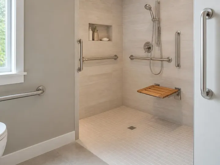 Curbless tiled shower with stainless grab bars, a fold-down teak seat, and a handheld sprayer