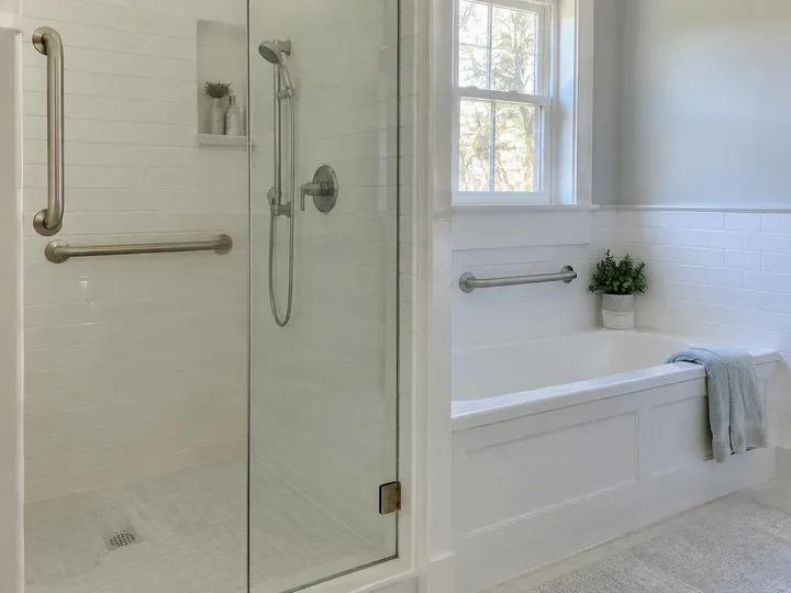 Brushed stainless grab bars installed in a walk-in shower and beside a bathtub