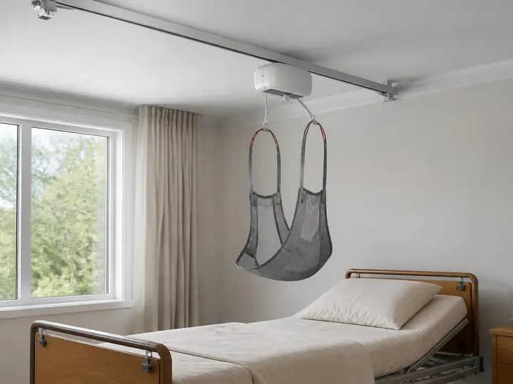 Ceiling track lift with a motorized hoist and sling mounted above an adjustable bed