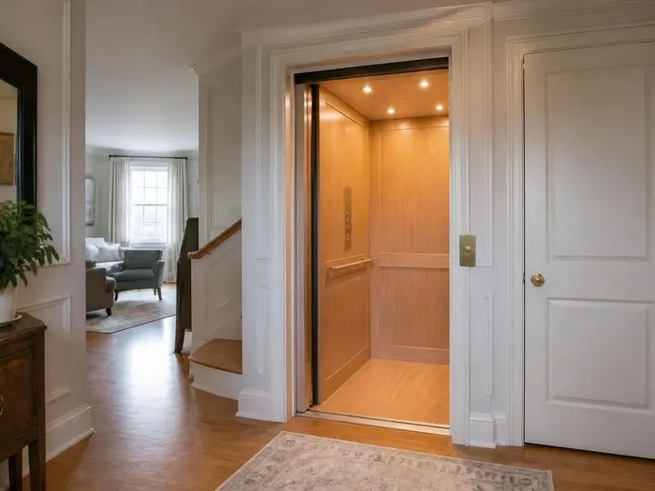 Compact wood-paneled home elevator with a level threshold in a hallway