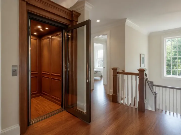 Residential home elevator with a paneled wood cab and glass door at an upstairs landing