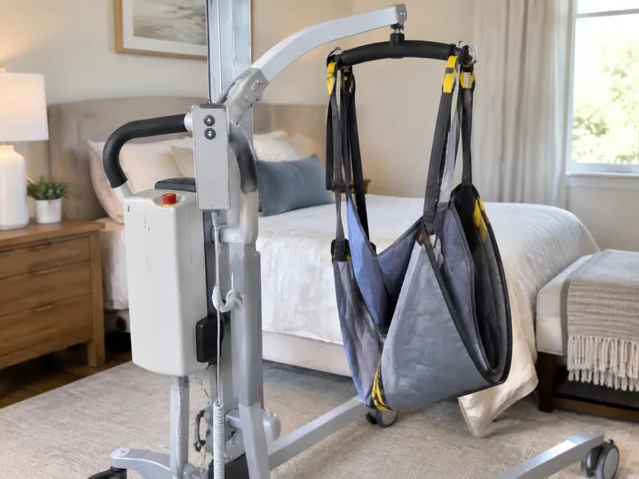 Portable Hoyer lift battery pack and hand control on the mast with a sling on the spreader bar