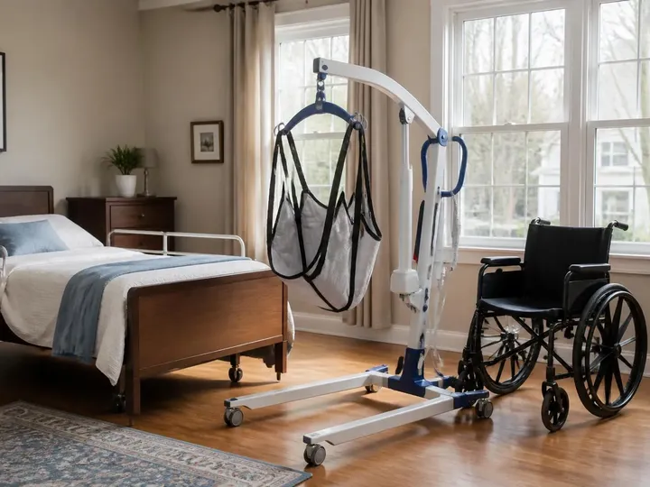 Portable patient lift positioned between an adjustable bed and a wheelchair in a tidy room