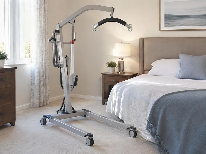 Portable Hoyer lift with a wheeled base, mast, and spreader bar beside a bed