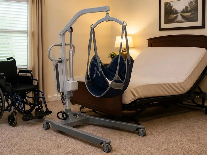 Portable powered patient lift with a sling positioned between an adjustable bed and a wheelchair
