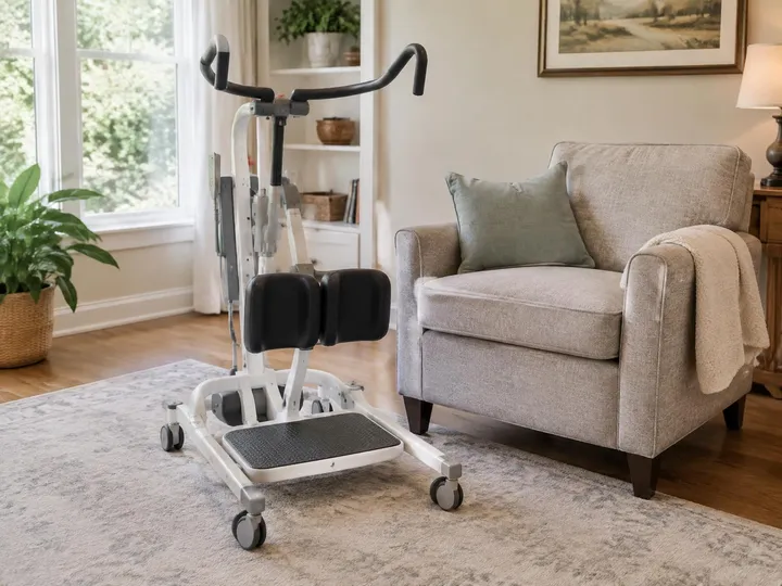 Sit-to-stand patient lift with knee pads, a foot plate, and handles next to an armchair