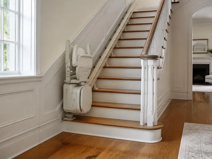 Folded stairlift and slim rail installed on polished oak stair treads