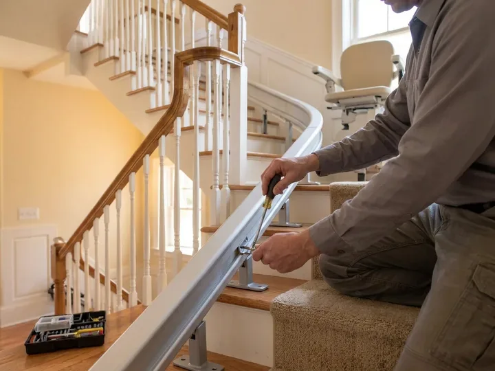Technician kneeling on a staircase and tightening a slim aluminum stairlift rail bracket with a screwdriver