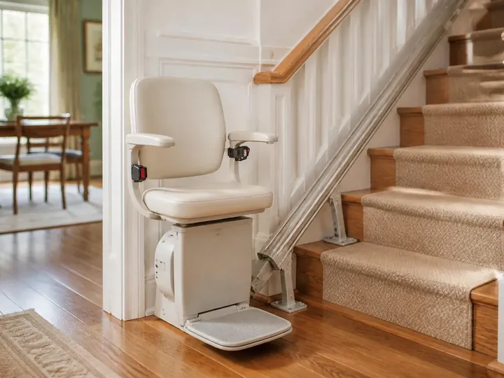Stairlift chair parked at the foot of a carpeted oak staircase with the rail bolted to the stair treads