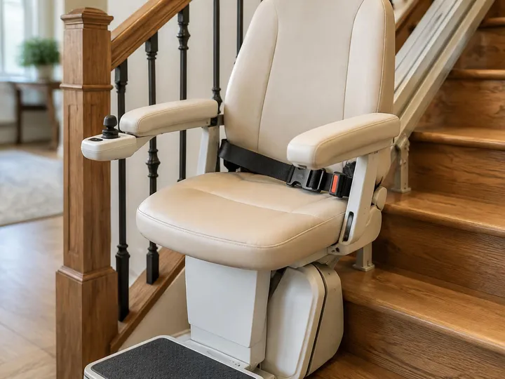 Close-up of a stairlift seat with padded armrests, a buckled seat belt, and a joystick control