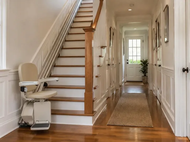 Straight stairlift with its seat unfolded, parked at the bottom of a single straight flight of oak stairs with the rail running the full staircase