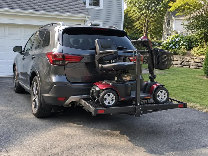 Hitch-mounted scooter carrier holding a mobility scooter behind an SUV