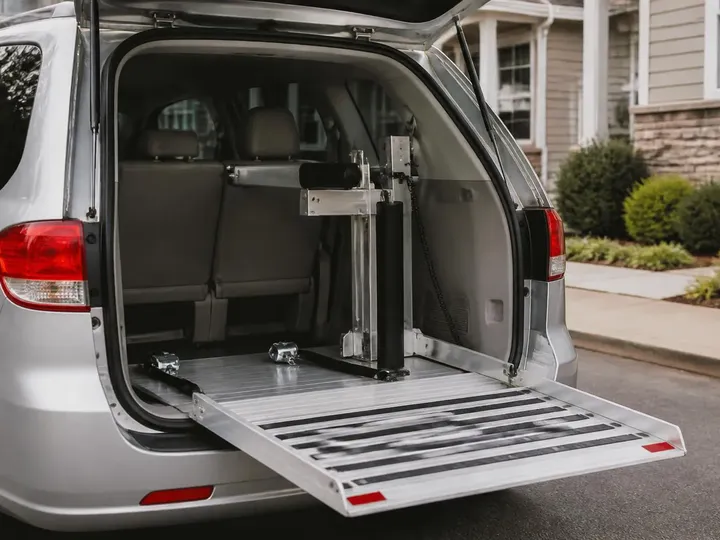 Aluminum wheelchair and scooter lift platform mounted in the open cargo area of a minivan