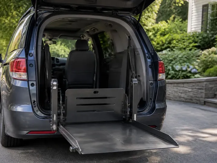 Wheelchair lift platform deployed from the rear cargo area of an accessible minivan