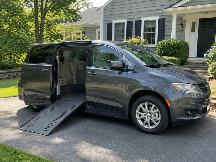 Side-entry wheelchair accessible minivan with its fold-out ramp deployed on a driveway