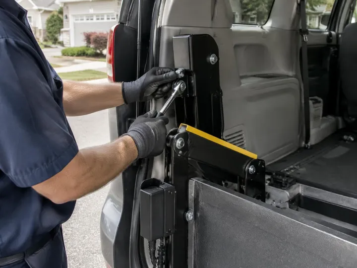 Technician tightening the mounting bolts of a vehicle wheelchair lift arm