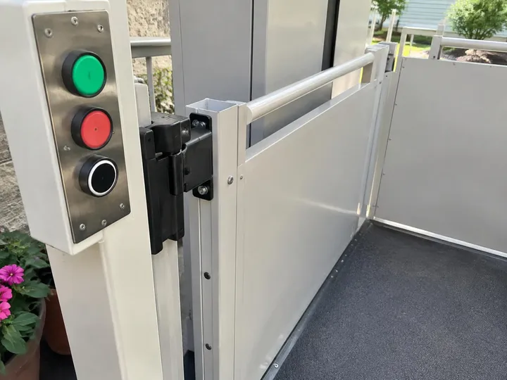 Wheelchair lift call buttons, safety gate latch, and anti-slip platform floor