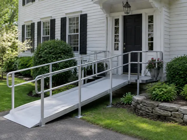 Modular aluminum wheelchair ramp with handrails leading to a level landing at a front door