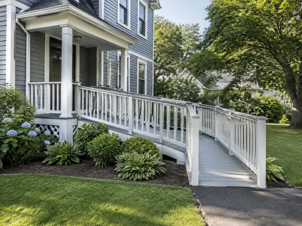 Painted wood wheelchair ramp with white railings connected to a covered front porch