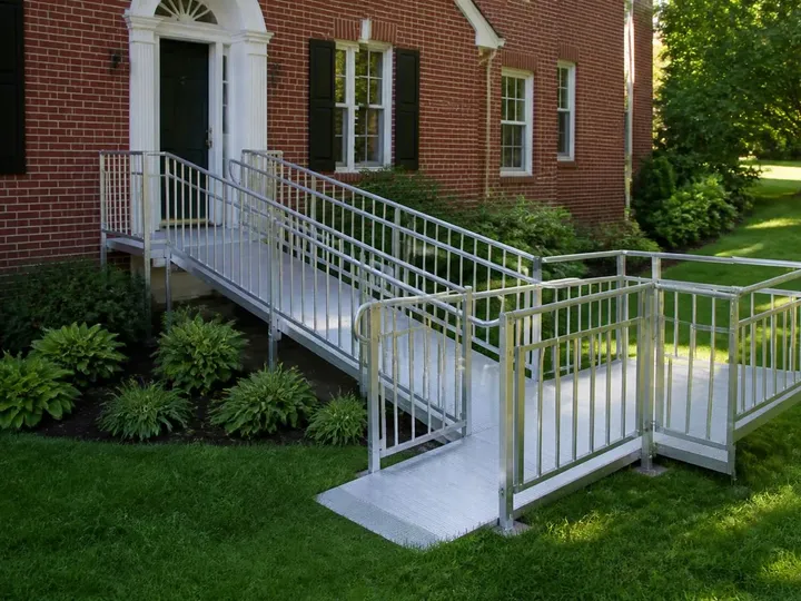Modular aluminum wheelchair ramp with a switchback landing and handrails at a brick house entrance